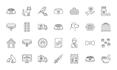 Pet care line icon set. Vector pictograms of pet food bowls, animal carriers, paw prints, collars, cats, dogs, birds, and veterinary supplies, thin linear illustration.