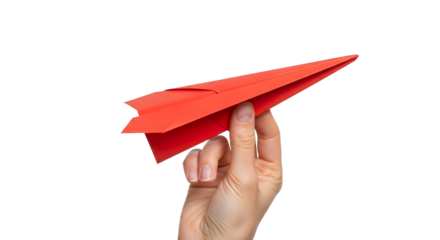 Red paper airplane hand holding flying origami black background on transparent background