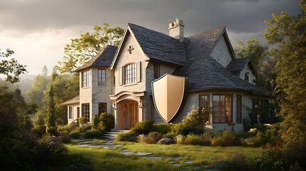 3D digital rendering of a residential house protected by a shield. Concept: home security, property protection, cybersecurity for smart homes, safety, emphasizing safeguarding residential property wit