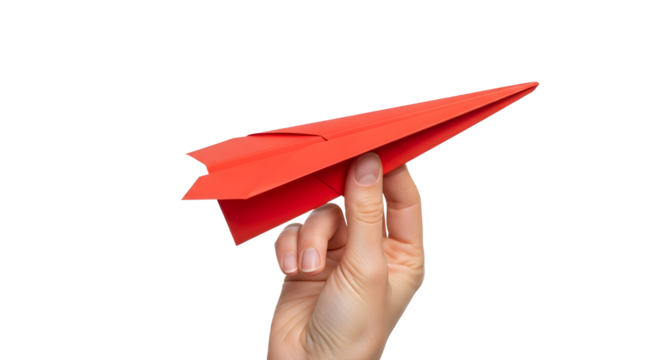 Red paper airplane hand holding flying origami black background on transparent background