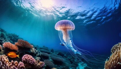 a jellyfish swims in the ocean near a coral reef