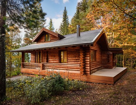 a cozy log cabin surrounded by trees and foliage - Powered by Adobe