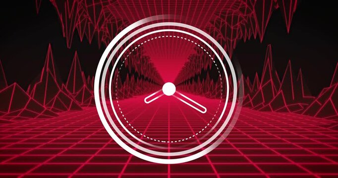 White dial emerging center starting rotating hands sweeping arcs pulsing red grid showing tempo - Powered by Adobe