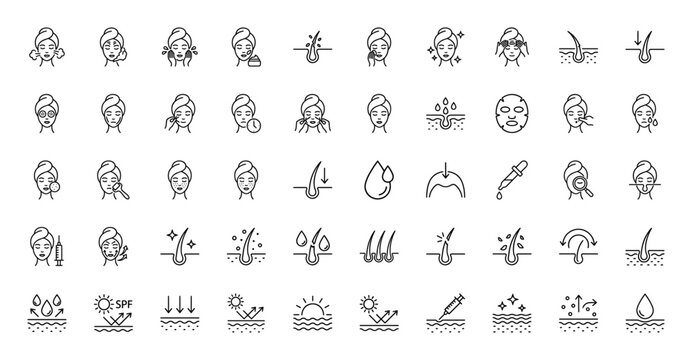 Skincare line icon set. Vector pictograms of facial treatments, hair health, hydration, SPF protection, and cosmetic procedures, thin linear illustration.