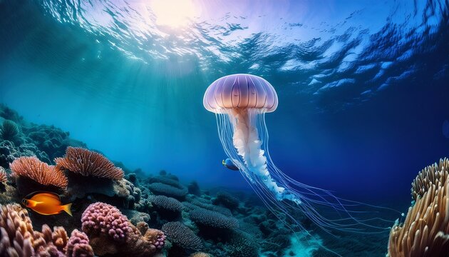 a jellyfish swims in the ocean near a coral reef - Powered by Adobe