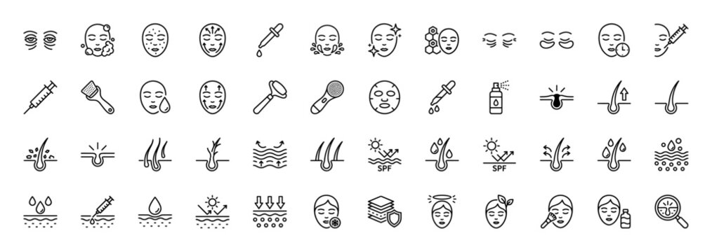 Skincare and beauty line icon set. Vector pictograms of face washing, dermaroller, droppers, syringes, face masks, SPF, hair follicles, and skin layers, thin linear illustration.