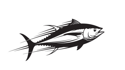 Striking black and white tuna illustration perfect for seafood restaurant branding and fishing themed designs, showcasing a powerful aquatic creature in motion