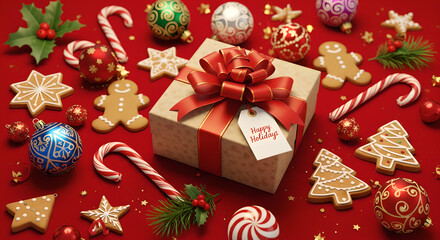 Festive Christmas scene with wrapped gift, candy canes, gingerbread cookies, snowflakes, ornaments on red background with warm lights, joyful holiday composition for winter marketing, greeting cards