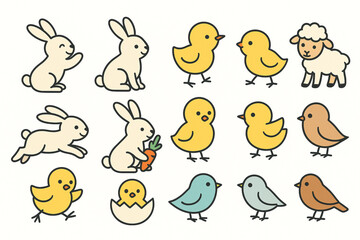 Naklejka premium Vector icons of Easter bunnies chicks lambs and birds in playful poses minimal flat design white background