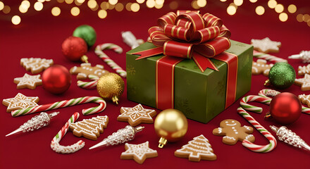 Festive Christmas scene with wrapped gift, candy canes, gingerbread cookies, snowflakes, ornaments on red background with warm lights, joyful holiday composition for winter marketing, greeting cards