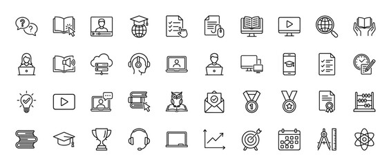 Education and e-learning line icon set. Vector pictograms of online courses, knowledge, video lectures, documents, study, achievements, ideas, and academic tools, thin linear illustration.