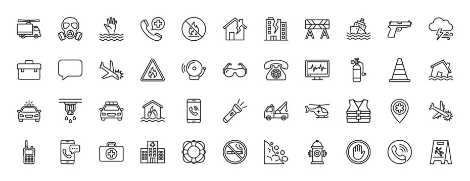 Emergency and safety line icon set. Vector pictograms of gas mask, broken building, plane crash, sinking ship, police car, hospital, lifebuoy, and first aid kit, thin linear illustration.