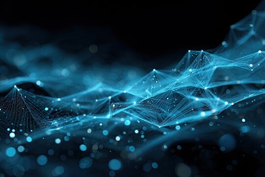 Glowing blue network of interconnected dots and lines against a dark background - Powered by Adobe
