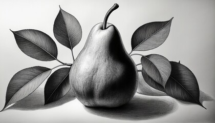 detailed sketch of a pear with leaves in black and white still life drawing