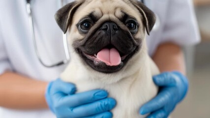 A close-up of an adorable fawn pug puppy happily held by a veterinarian in blue gloves, smiling with its tongue out. - Powered by Adobe