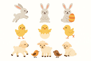 Naklejka premium Vector icons of Easter bunnies chicks lambs and birds in playful poses minimal flat design white background