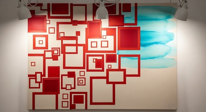 Geometric abstraction with red squares and azure watercolor background