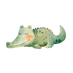 Cute Sleeping Alligator Watercolor Illustration.