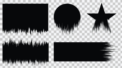 Set of diverse black grunge shapes with distressed edges, including a circle, star, rectangle, and various abstract brush stroke elements