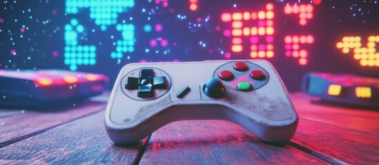 Vibrant Retro Gaming Controller on Wood, Illuminated by Neon Pixel Art Background