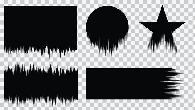 Set of diverse black grunge shapes with distressed edges, including a circle, star, rectangle, and various abstract brush stroke elements