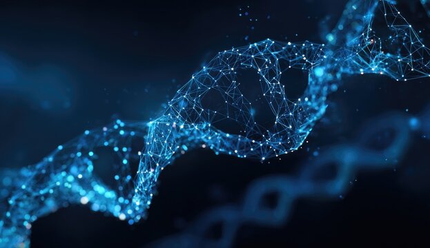 Glowing blue DNA strand; network connections, dots, and lines on a dark background