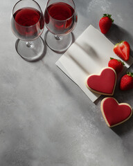 Heart cookies, strawberries, and red wine on gray background