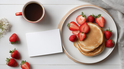 Pancakes with strawberries and coffee next to blank card on table