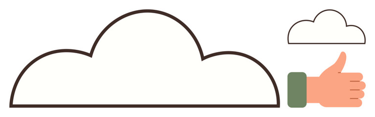 Large cloud outline with a bold line and a thumbs-up gesture. Ideal for positivity, success, approval, cloud technology, computing, eco-friendly ideas, communication. Simple flat metaphor