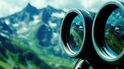 Binoculars focus on majestic snow-capped mountains and lush green valleys, capturing a breathtaking vista.