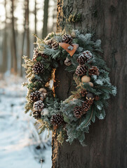 Frosted Christmas wreath on tree trunk in snowy forest