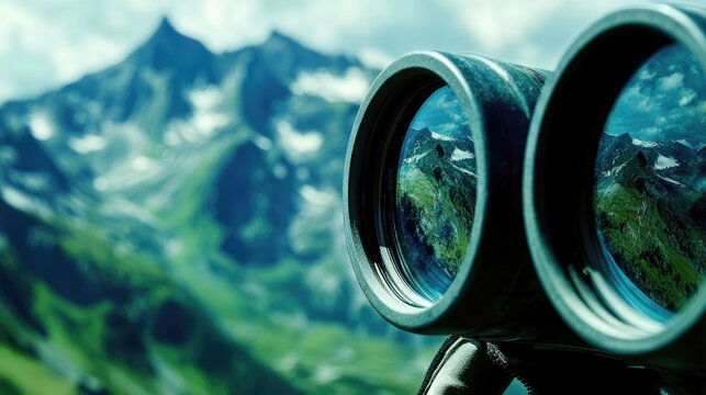Binoculars focus on majestic snow-capped mountains and lush green valleys, capturing a breathtaking vista.