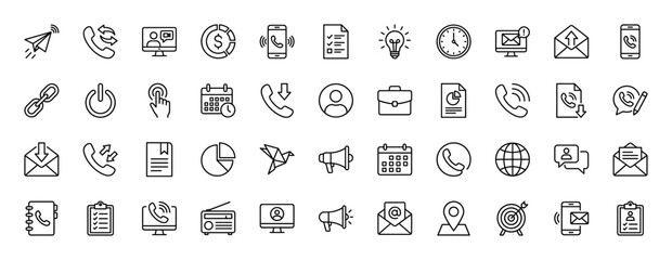 Business and contact line icon set. Vector pictograms of smartphone, document, chart, monitor, telephone, envelope, calendar, megaphone, globe, and target, thin linear illustration.