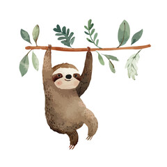 Cute Sloth Hanging from Tree Branch Watercolor Illustration.