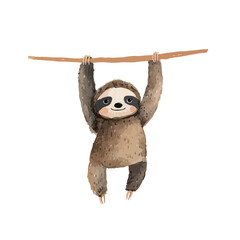 Cute Sloth Hanging on Branch Watercolor Illustration 1.