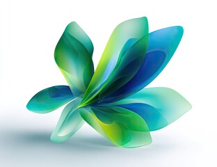 Abstract flower form with layered petals, translucent, green and blue hues
