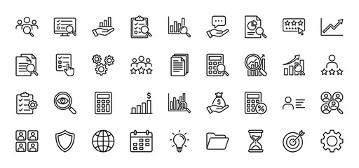 Business analysis line icon set. Vector pictograms of document analysis, financial growth, customer feedback, data visualization, planning, and research tools, thin linear illustration.
