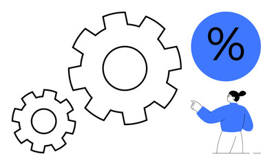 Two interlocked gears next to a blue percentage icon and a woman pointing toward it. Ideal for teamwork, workflow, efficiency, strategy, optimization, financial planning, simple flat metaphor