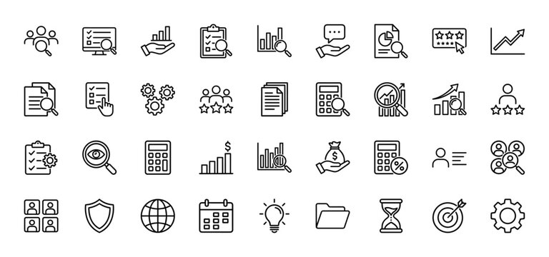 Business analysis line icon set. Vector pictograms of document analysis, financial growth, customer feedback, data visualization, planning, and research tools, thin linear illustration.
