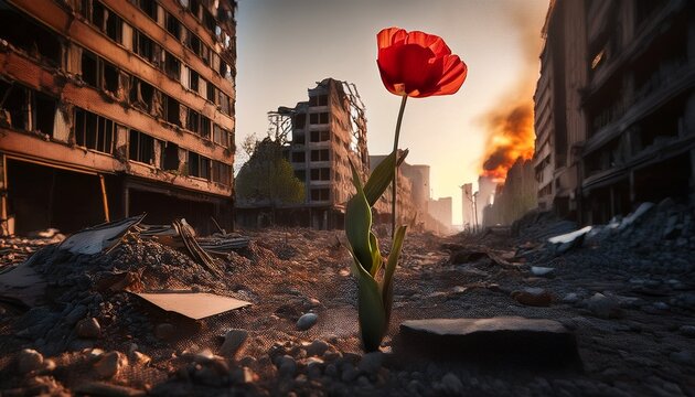 vibrant blossom rising from the ashes of a destroyed urban landscape