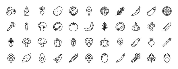 Fototapeta premium Healthy food line icon set. Vector pictograms of cabbage, radish, carrot, lemon, tomato, broccoli, corn, pumpkin, avocado, and strawberry, thin linear illustration.