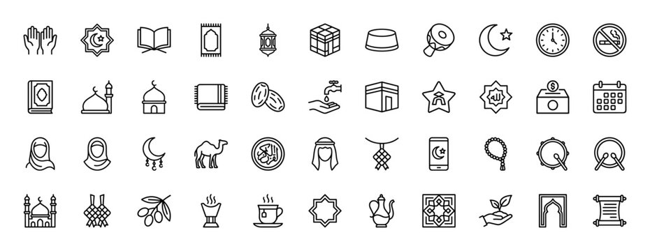 Islamic line icon set. Vector pictograms of lantern, Kaaba, prayer hands, mosque, Quran, dates, camel, and prayer beads, thin linear illustration. - Powered by Adobe