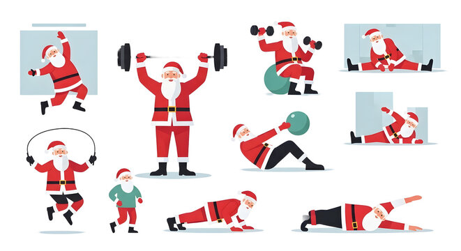 Santa claus fitness workout christmas gym exercise vector on transparent background