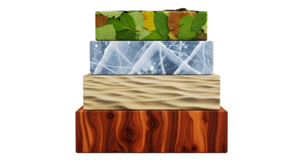 Four seasons nature elements stacked wood ice sand leaves on transparent background
