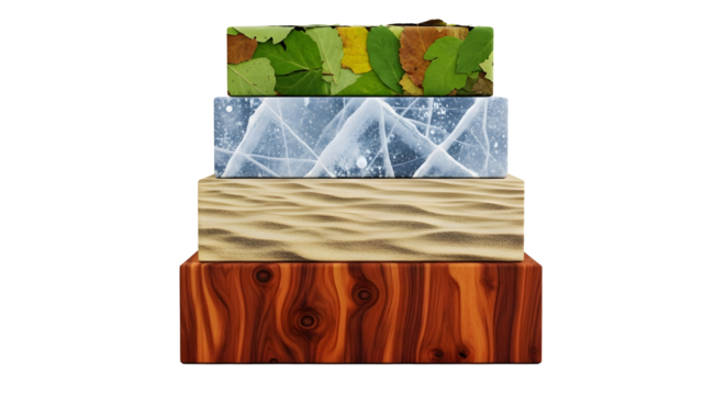 Four seasons nature elements stacked wood ice sand leaves on transparent background