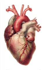 Anatomical illustration of a human heart, showing arteries and veins in detail
