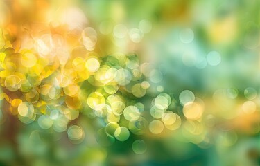 Abstract background with bokeh lights in shades of yellow, green, and blue