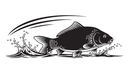Dynamic black and white carp leaping from water with splash, perfect for fishing enthusiasts and nature designs, ideal for logos and graphics, striking and bold