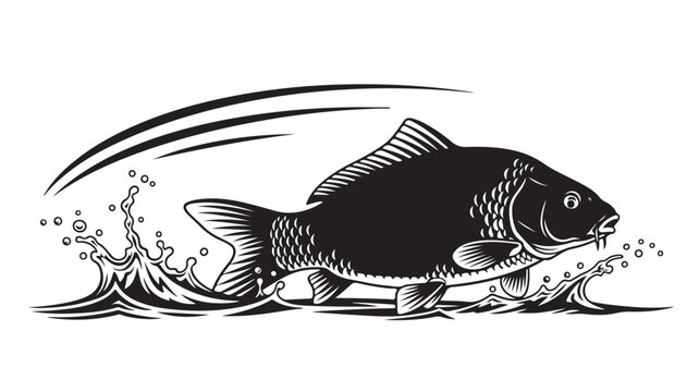 Dynamic black and white carp leaping from water with splash, perfect for fishing enthusiasts and nature designs, ideal for logos and graphics, striking and bold