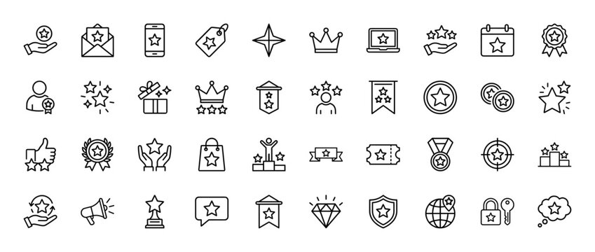 Reward and achievement line icon set. Vector pictograms of stars, crowns, medals, trophies, podiums, gifts, and feedback symbols, thin linear illustration.
